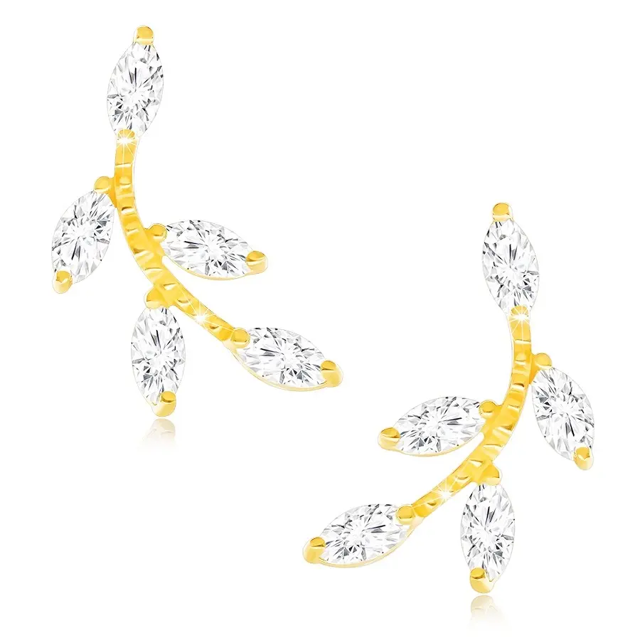 Náušnice zo žltého 9K zlata, vetvička s listami z čírych zirkónov