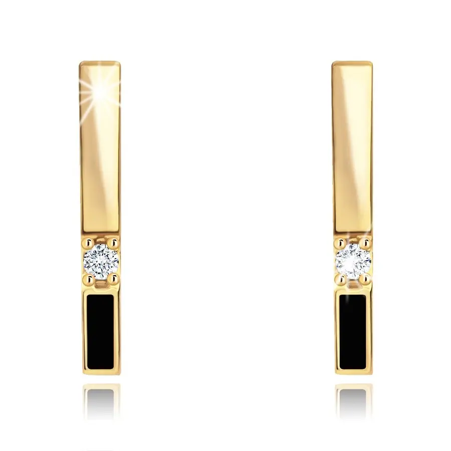 Zvislé náušnice zo žltého zlata 9K so zirkónom a čiernou glazúrou
