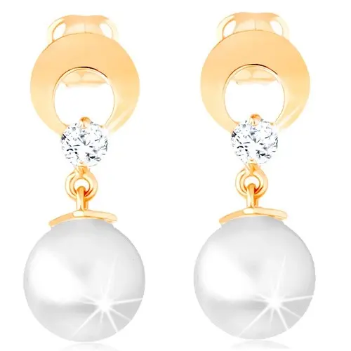 Zlaté náušnice 14K s obrysom kruhu, syntetickou perlou a zirkónom