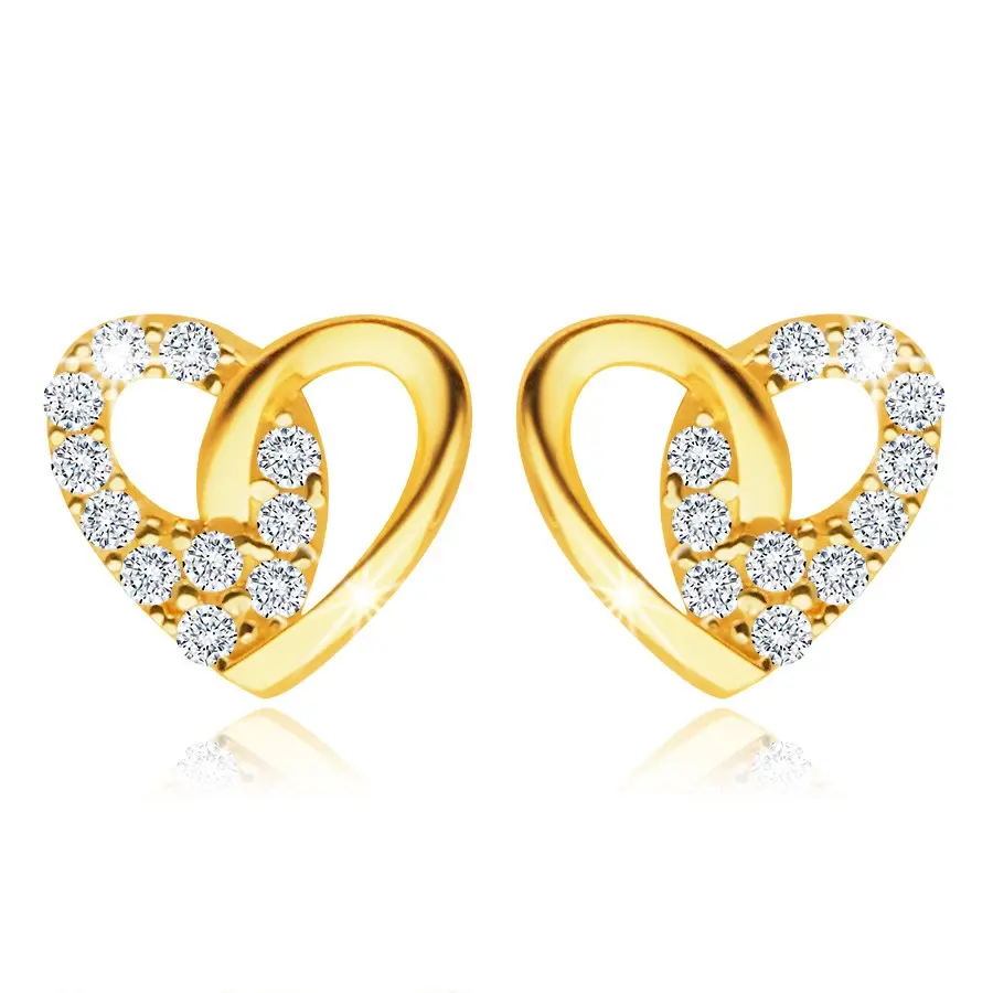 Zlaté náušnice zo 14K žltého zlata - kontúra srdca, číre zirkóniky