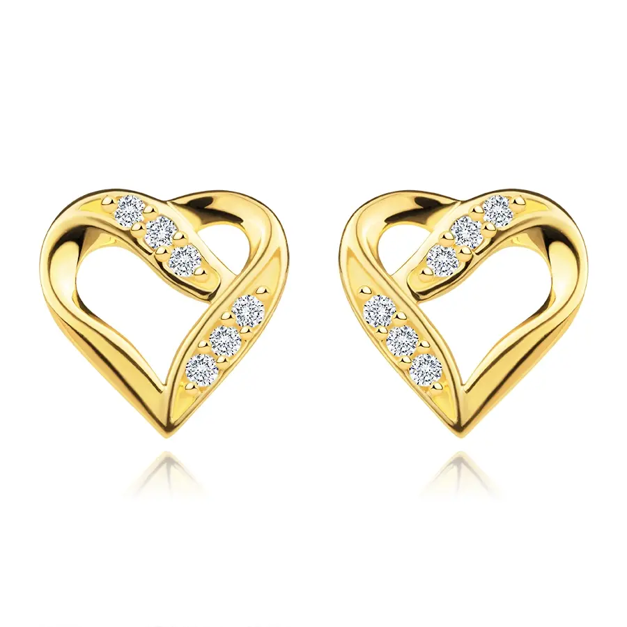 Náušnice v žltom 585 zlate - srdce so zatočenými ramenami, zirkóny