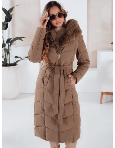 Dámska dlhá prešívaná zimná bunda s kožušinkou, kamelová