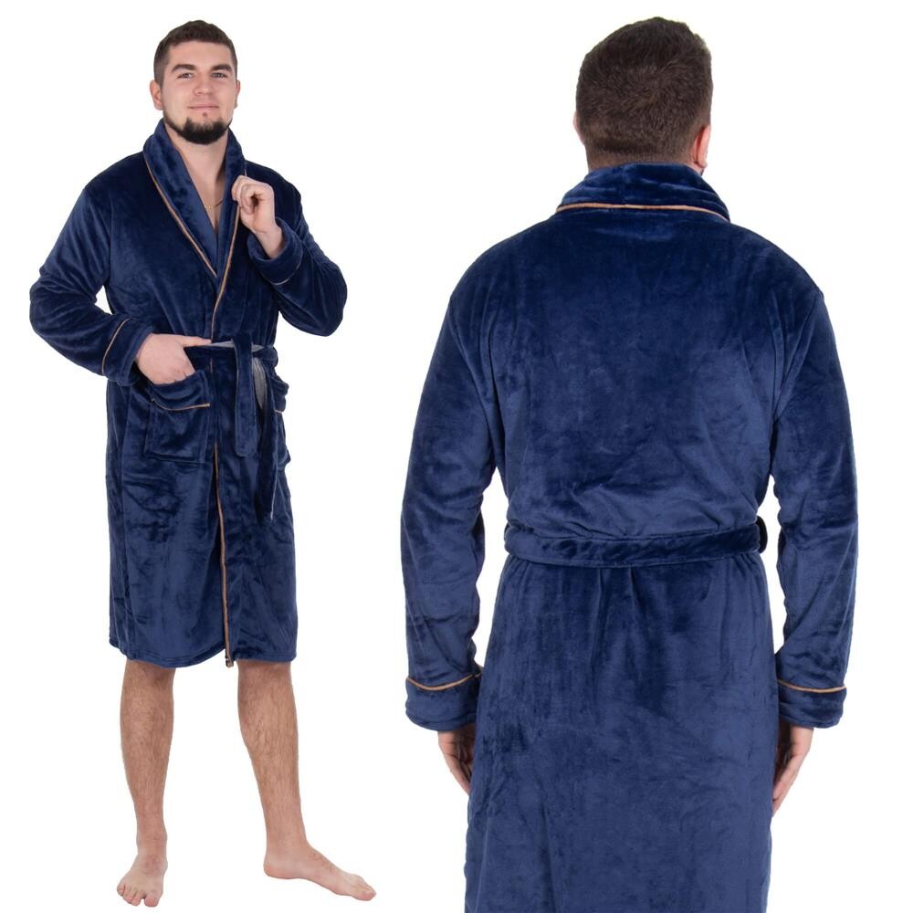 Pánsky plyšový župan - L/XL - tmavomodrý s hnedou