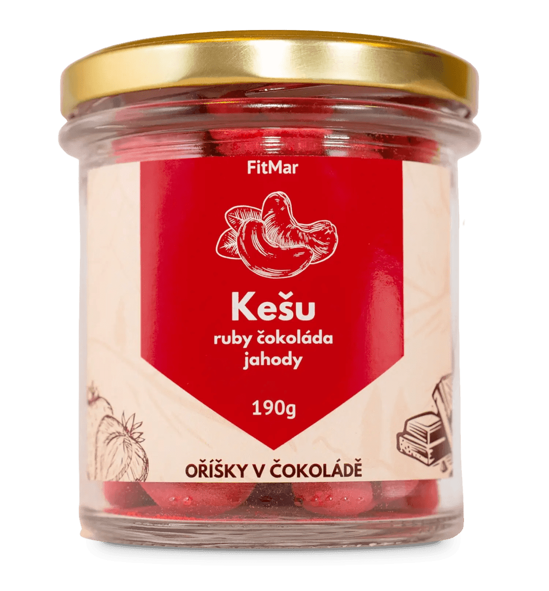 Kešu v ruby ​​čokoláde a jahodovom prášku