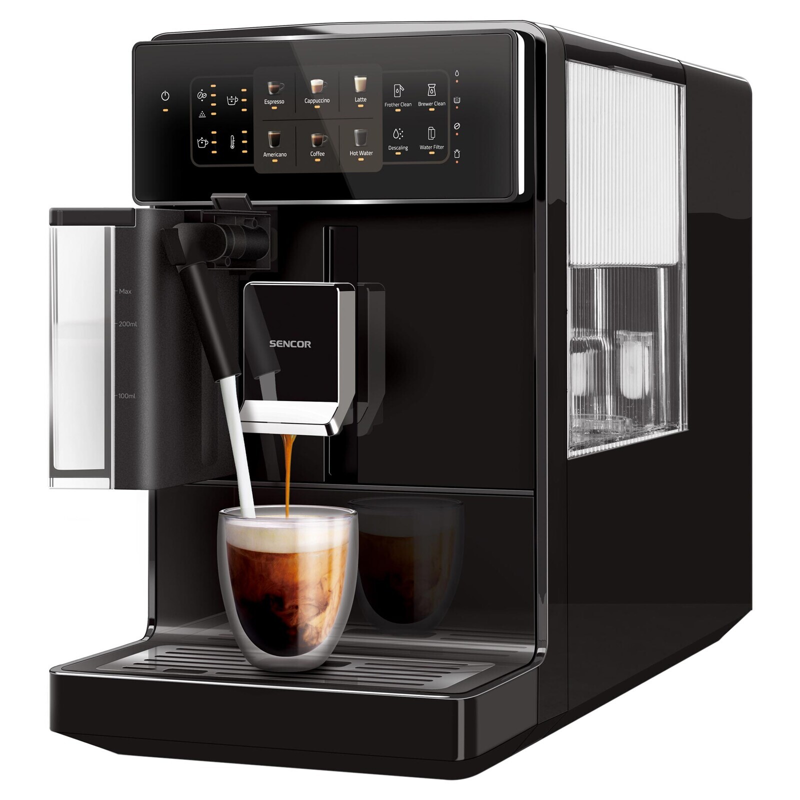 Sencor SES 9300BK Plne automatické Espresso/Cappuccino Možnosť mletej kávy, Nastaviteľná sila kávy, Kompaktná veľkosť, Tlak čerpadla 19 barov pre