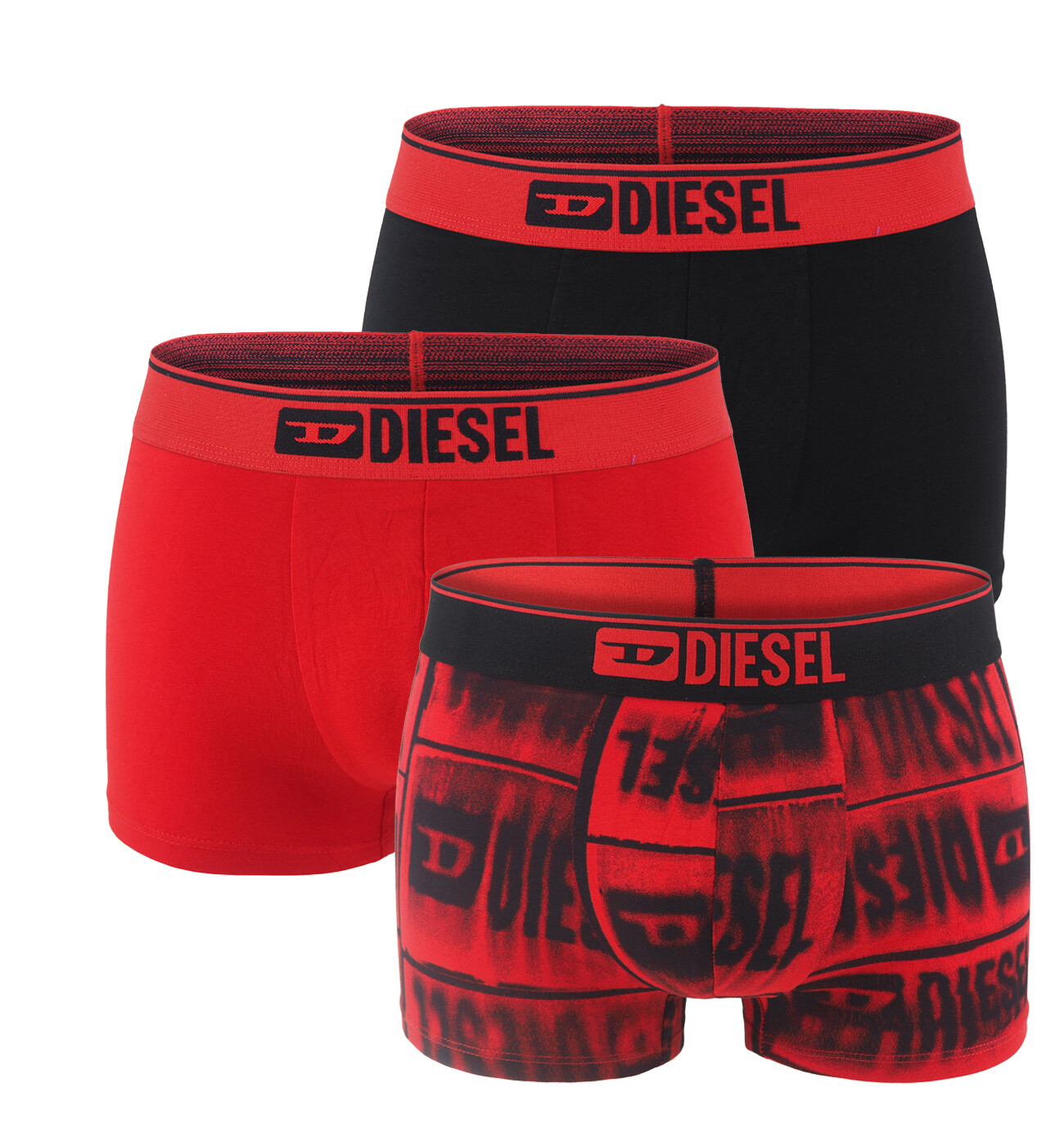 DIESEL - pánske boxerky 3PACK cotton stretch modern DIESEL print black & red combo
