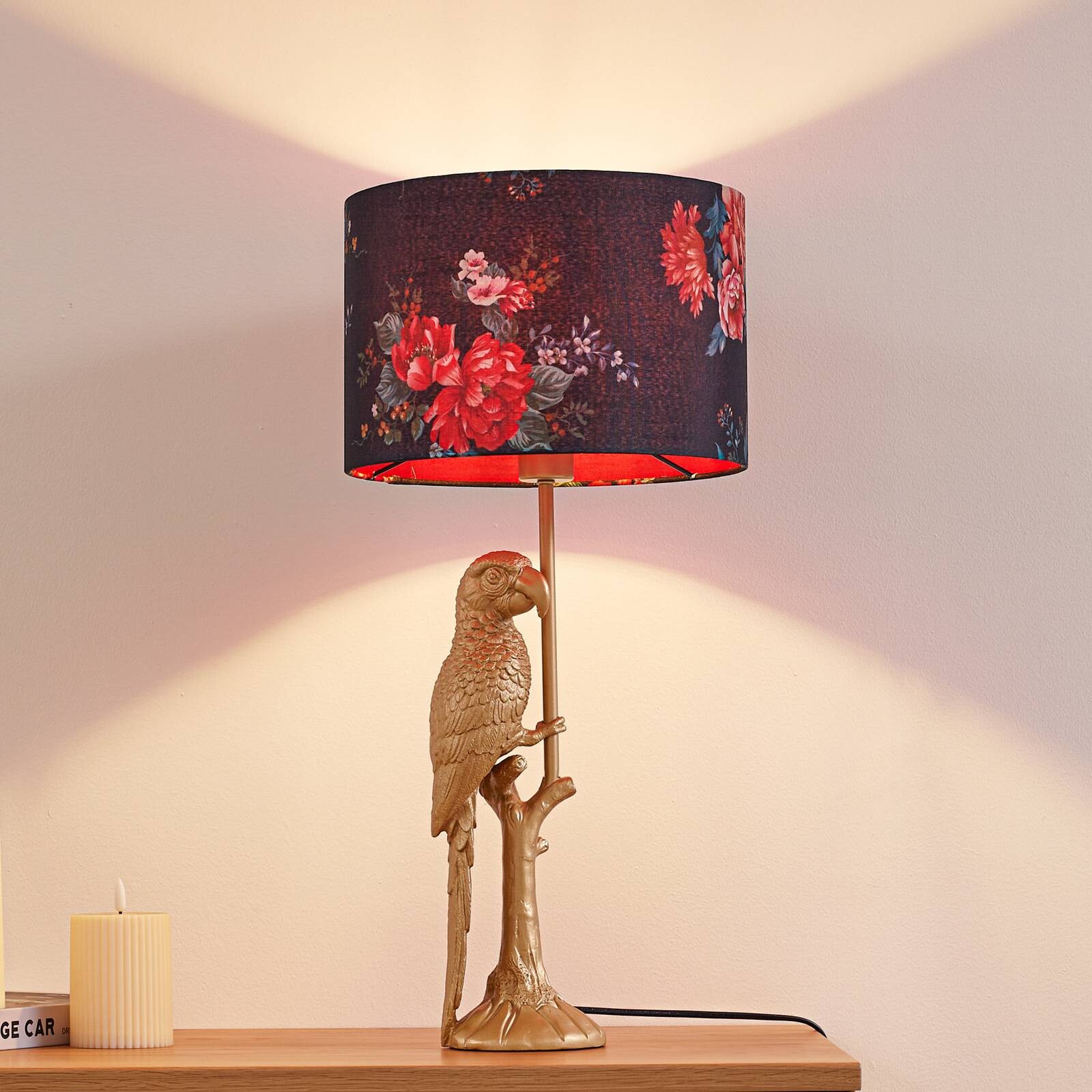 Lindby Stolová lampa Marula, zlatá, kvetinový vzor, textil, E27