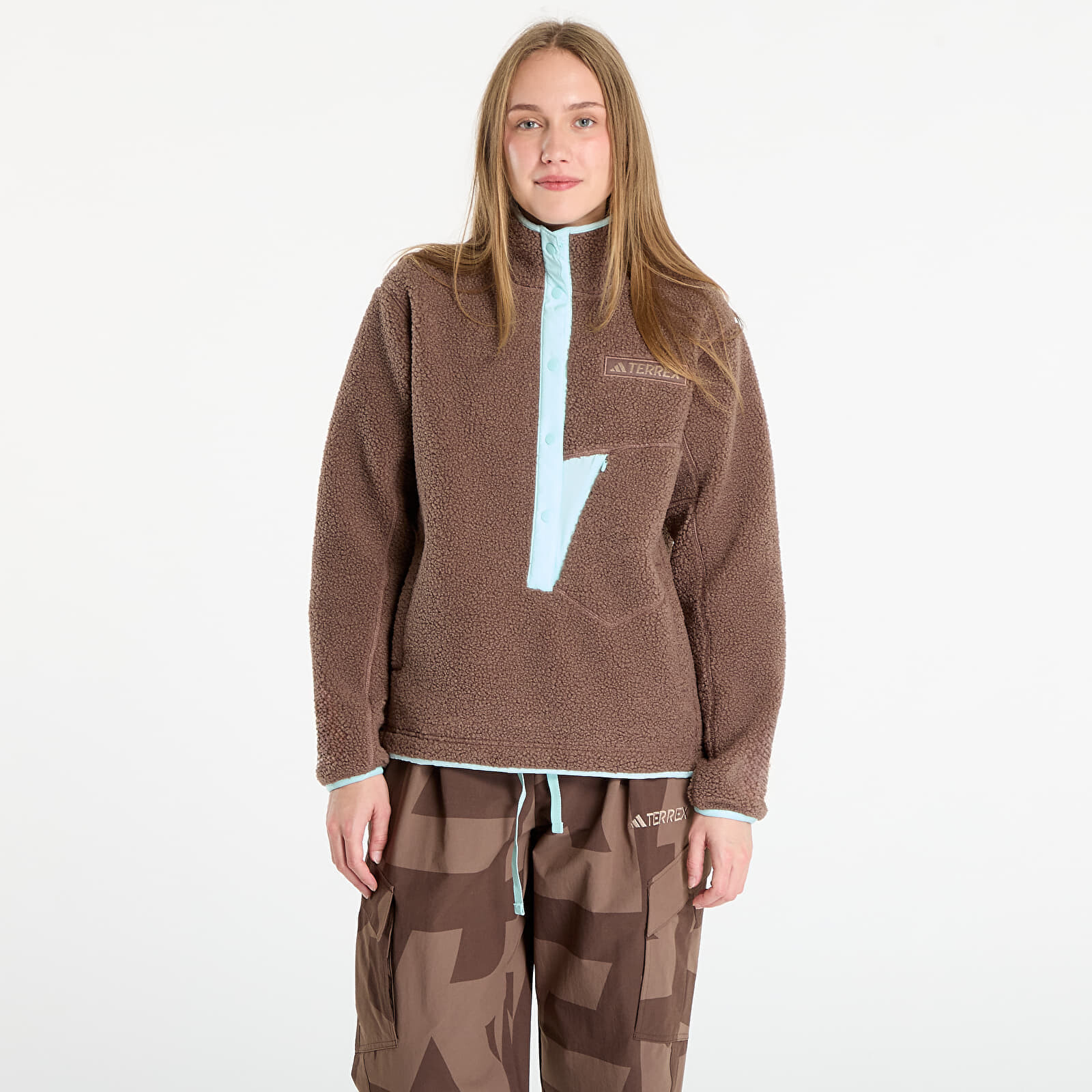 Mikina adidas Terrex Xploric High Pile Fleece Pullover Sweatshirt Earth Strata/ Aurora Ivy XS