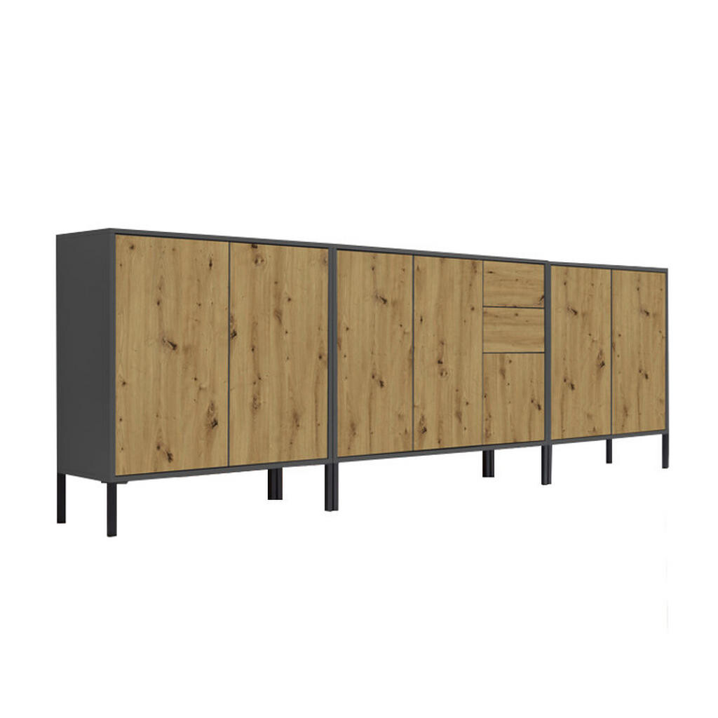 MID.YOU ŠIROKÁ KOMODA, antracitová, dub artisan, 263,5/86/33 cm