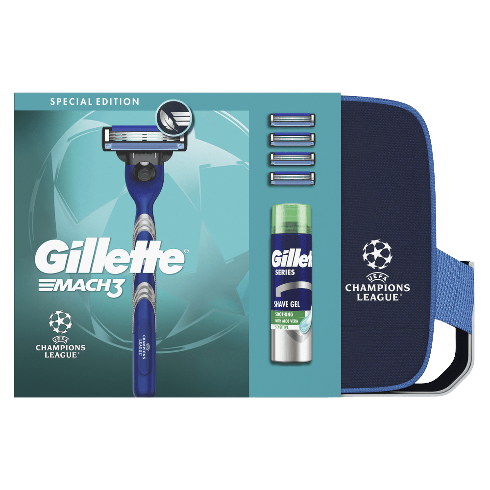 GILLETTE Mach3 Charcoal UEFA Champions League Special Edition, darčeková sada - Pánsky strojček, gél na holenie + taška