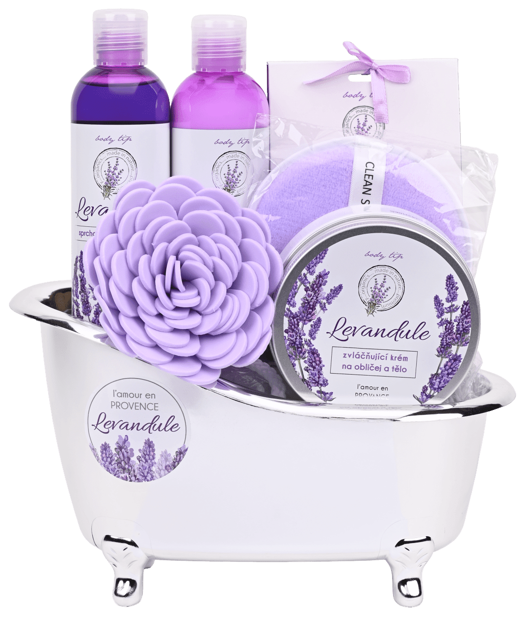 VIVACO Darčekové balenie levandule premium - sprchový gél a šampón + soľ do kúpeľa + telové mlieko + zvláčňujúci krém + 2x darč