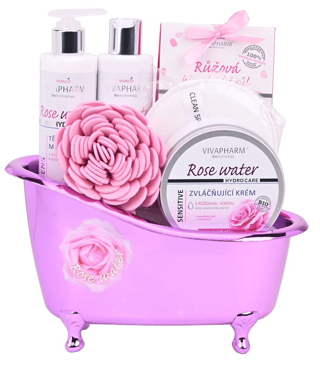 VIVACO Ros2501 Darčekové balenie rose water - sprchový gél + telové mlieko + himalájska soľ + zvláčňujúci krém + darček