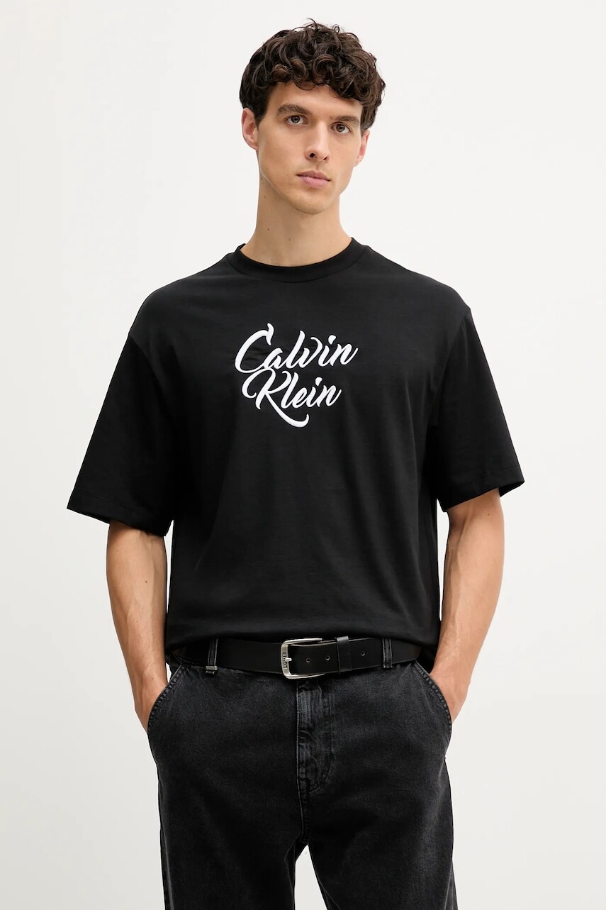 Bavlnené tričko Calvin Klein Jeans pánske, čierna farba, s nášivkou, LV04RD801G