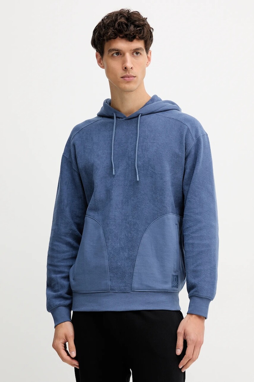 Bavlnená mikina United Colors of Benetton modrá farba, s kapucňou, jednofarebná, 3NMEU201X