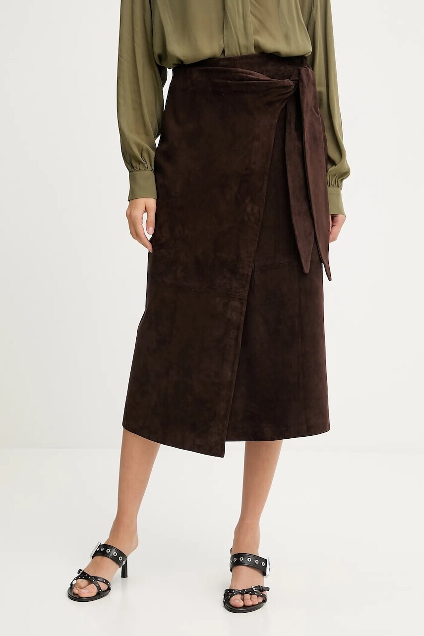 Semišová sukňa Never Fully Dressed hnedá farba, midi, rovný strih, NFDSK724