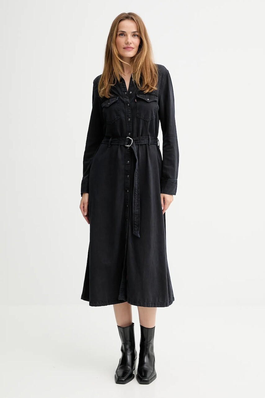 Rifľové šaty Levi's čierna farba, midi, áčkový strih, 004H3