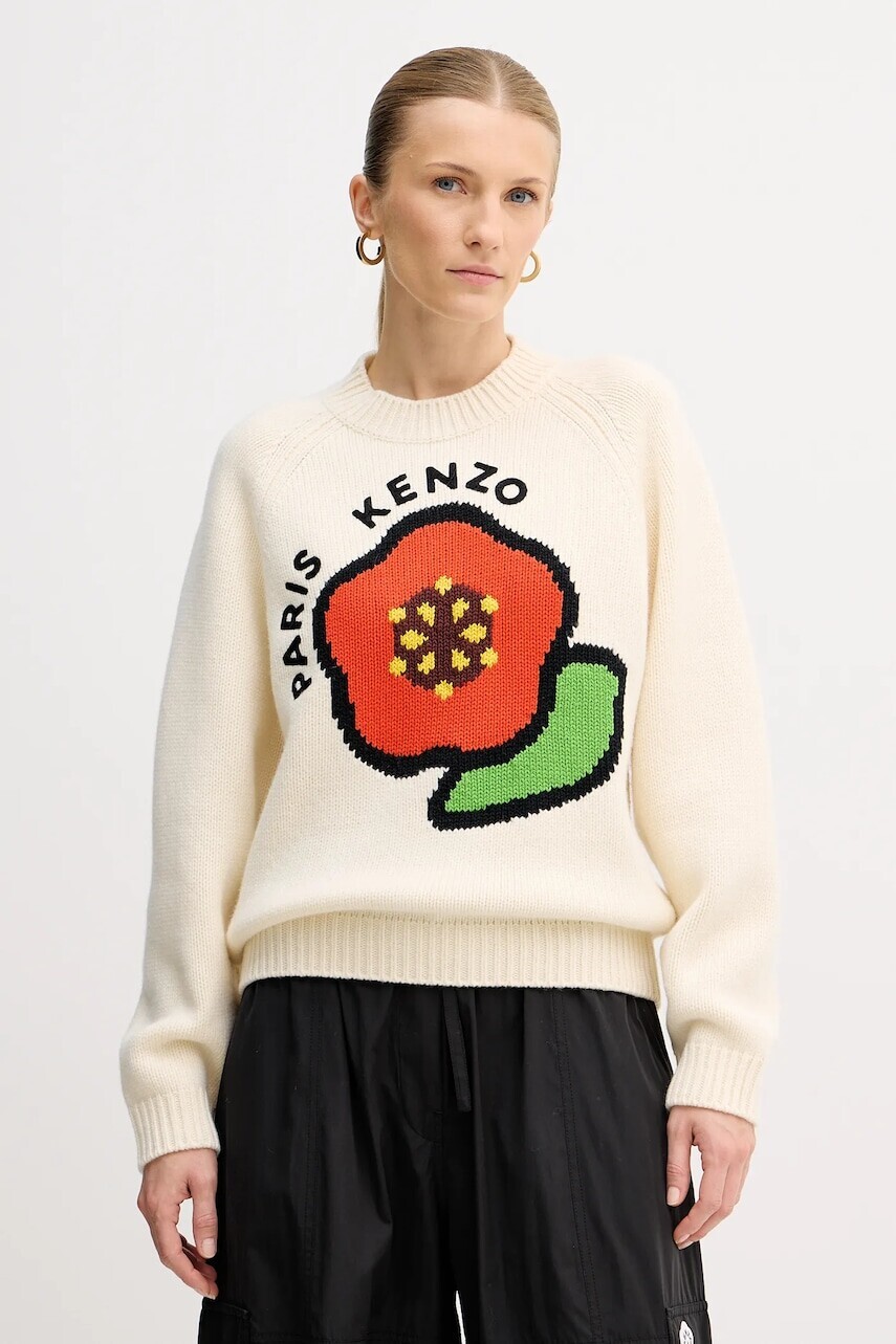 Vlnený sveter Kenzo Pop dámsky, béžová farba, teplý, FF52PU7043LA.02