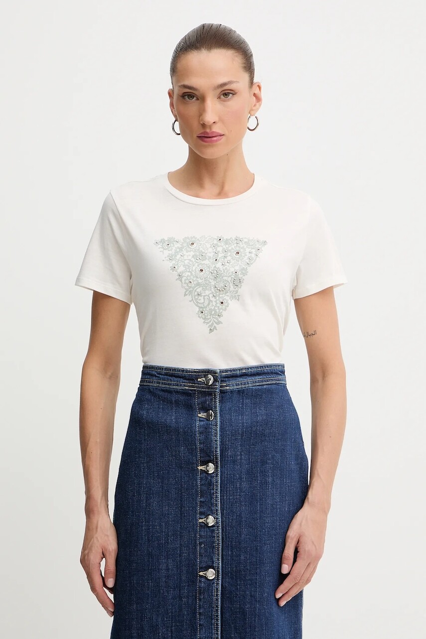 Bavlnené tričko Guess dámske, béžová farba, W5BI34 K9RM1