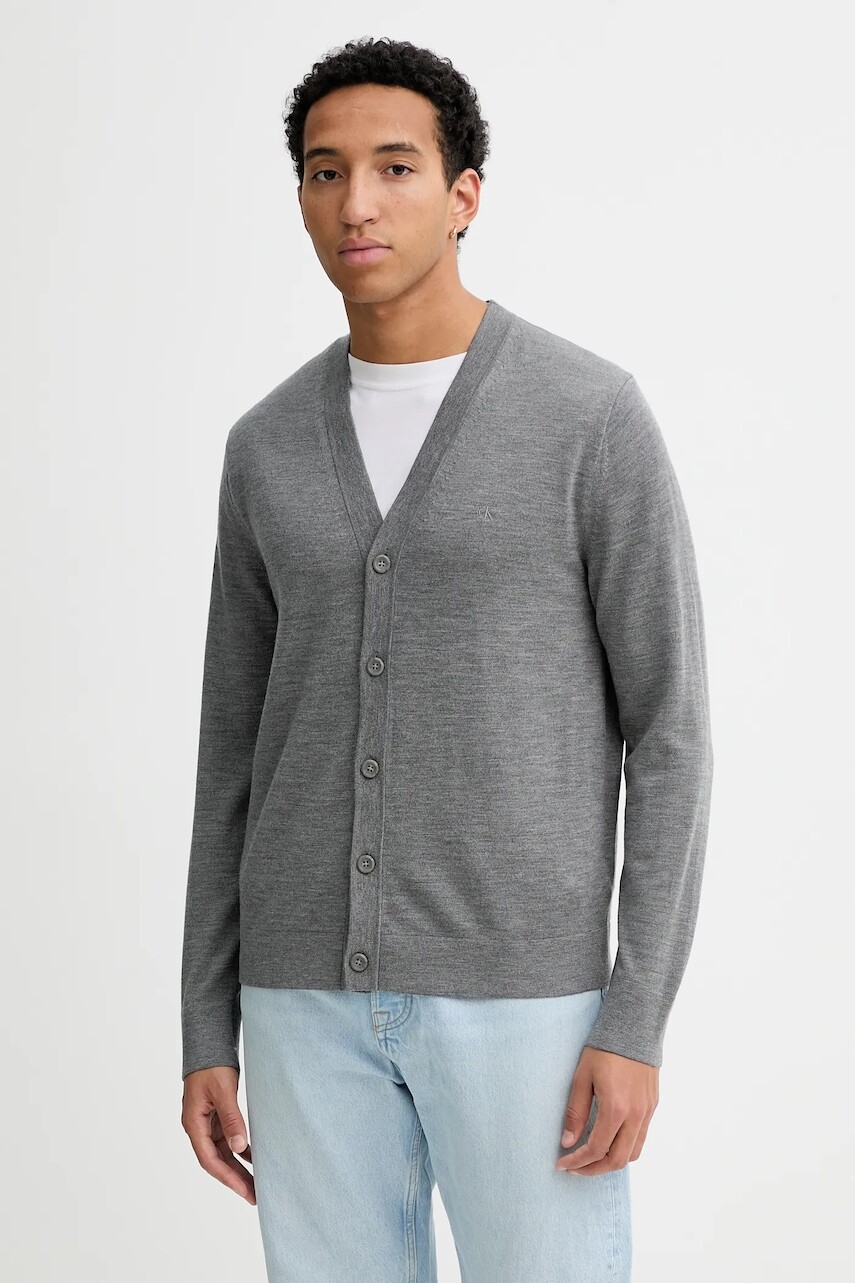 Vlnený kardigán Calvin Klein šedá farba, LV04LB306G