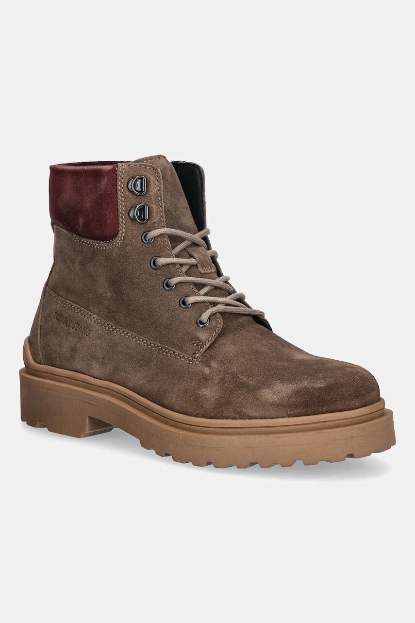 Kožené vysoké topánky Tommy Jeans TJM LACE UP BOOT SUEDE hnedá farba, EM0EM01642