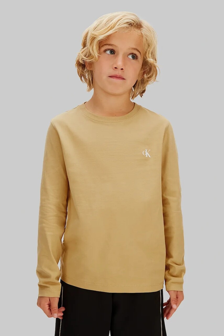 Detská bavlnená košeľa s dlhým rukávom Calvin Klein Jeans 2-pak béžová farba, jednofarebná, IB0IB02255
