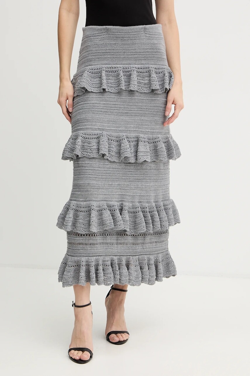 Vlnená sukňa Luisa Spagnoli šedá farba, midi, rovný strih, 100223