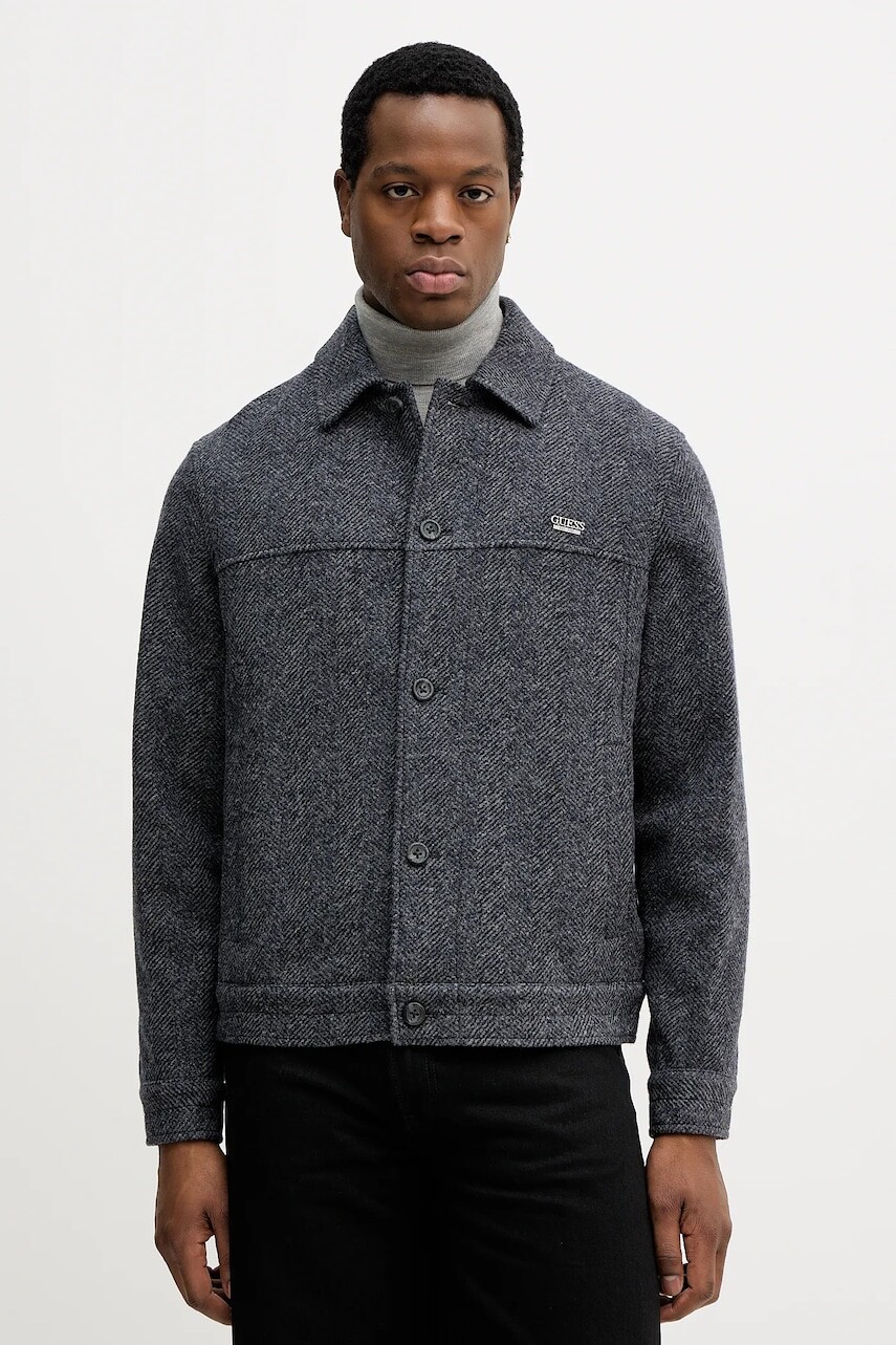 Bunda s prímesou vlny Guess HERRINGBONE šedá farba, prechodná, M5BH88 KA680
