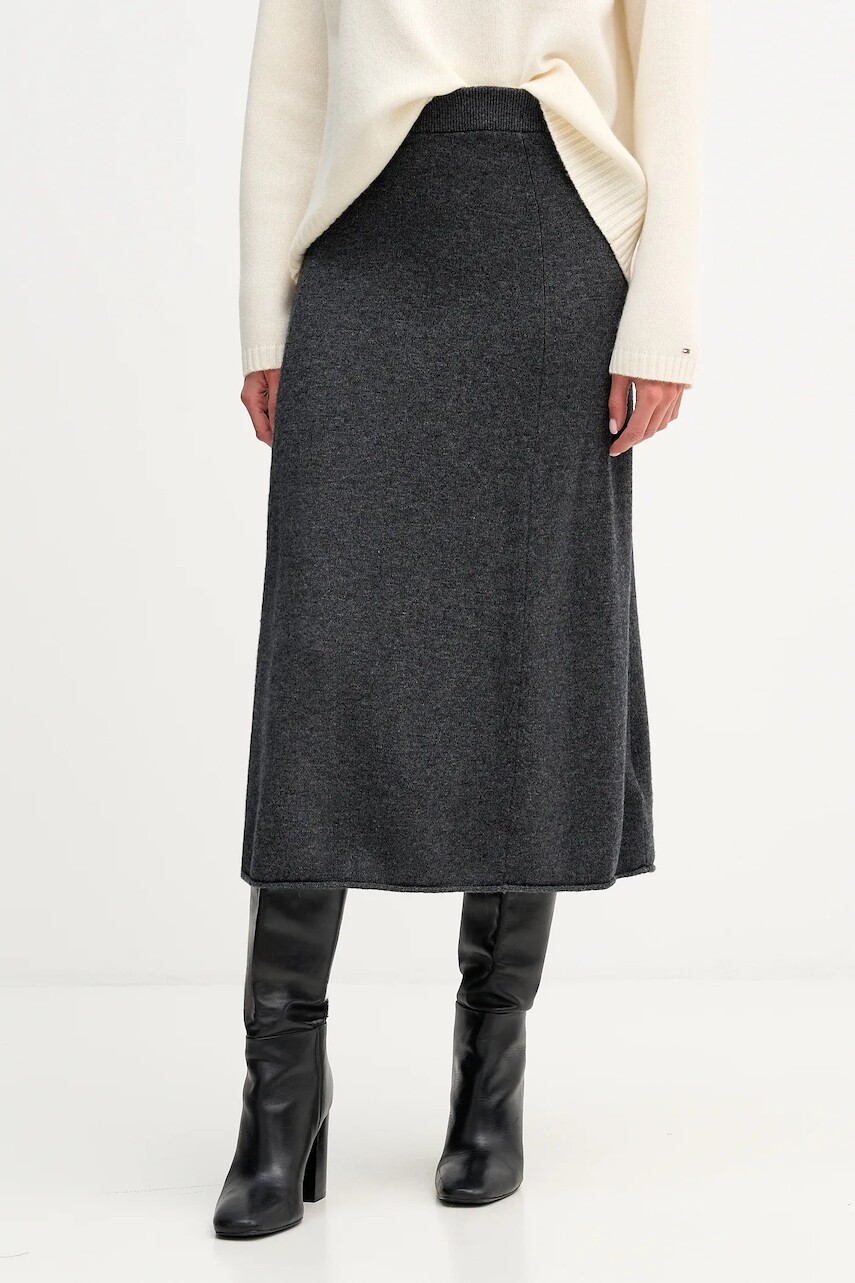 Vlnená sukňa Tommy Hilfiger šedá farba, midi, áčkový strih, WW0WW46756