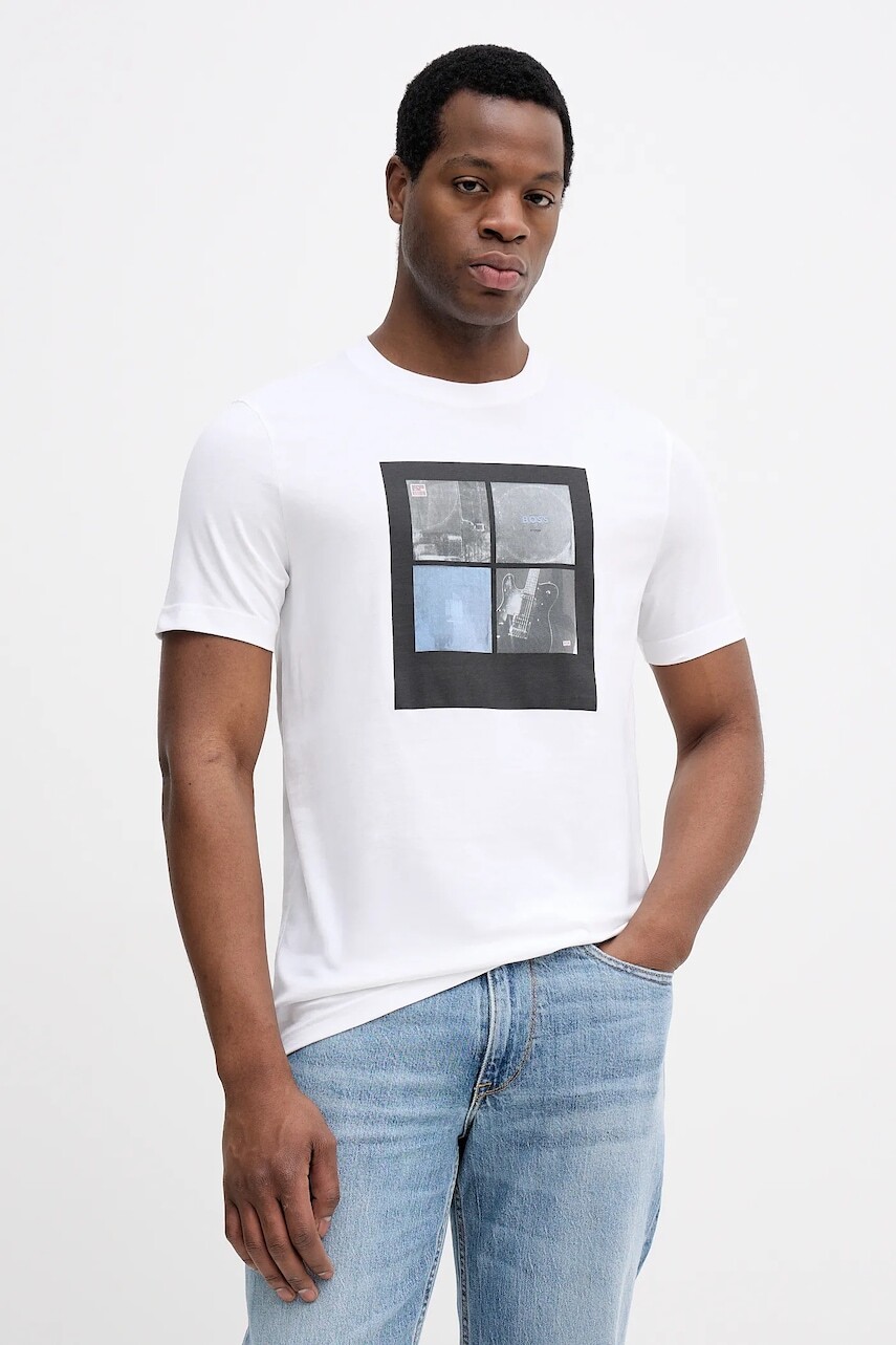 Bavlnené tričko BOSS Orange pánske, biela farba, s potlačou, 50556024