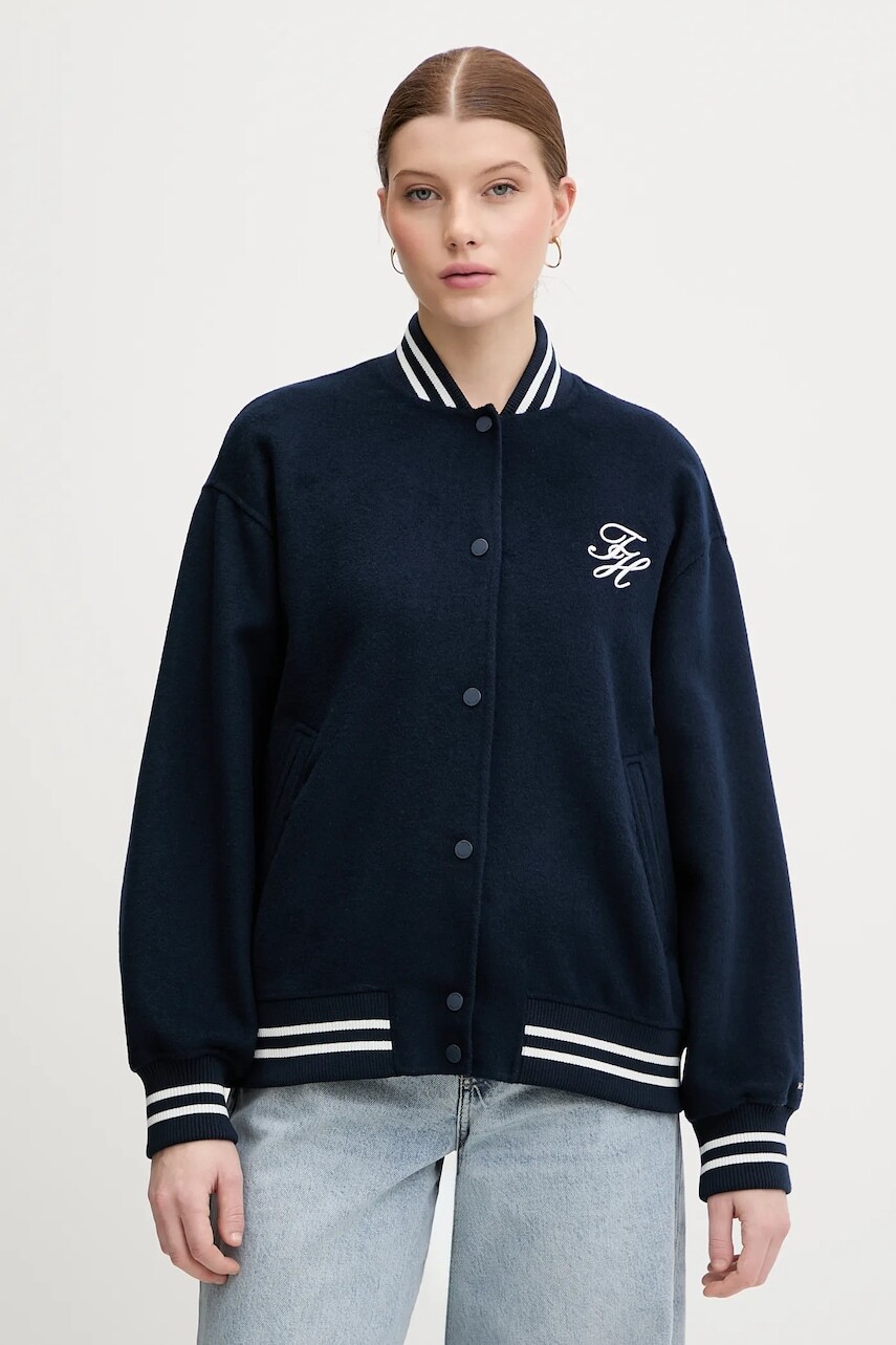 Bomber bunda s prímesou vlny Tommy Hilfiger tmavomodrá farba, prechodná, oversize, WW0WW47760