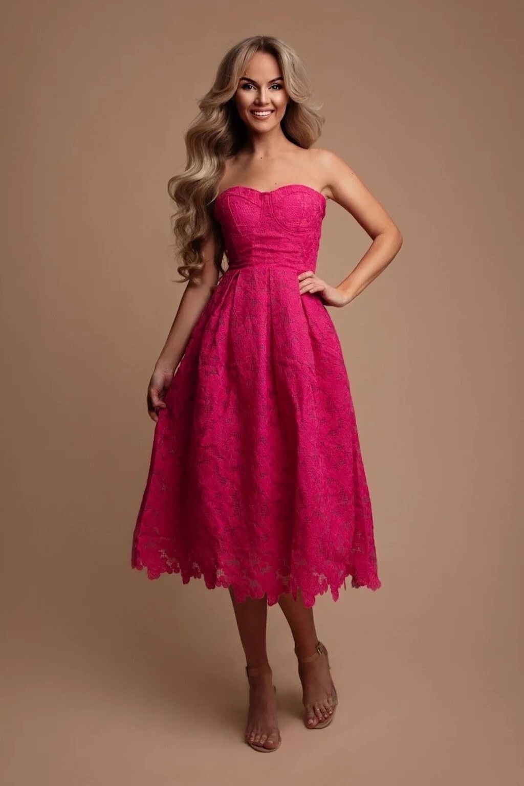 Eva & Lola Cyklámenové midi šaty s krajkou Veľkosť: L