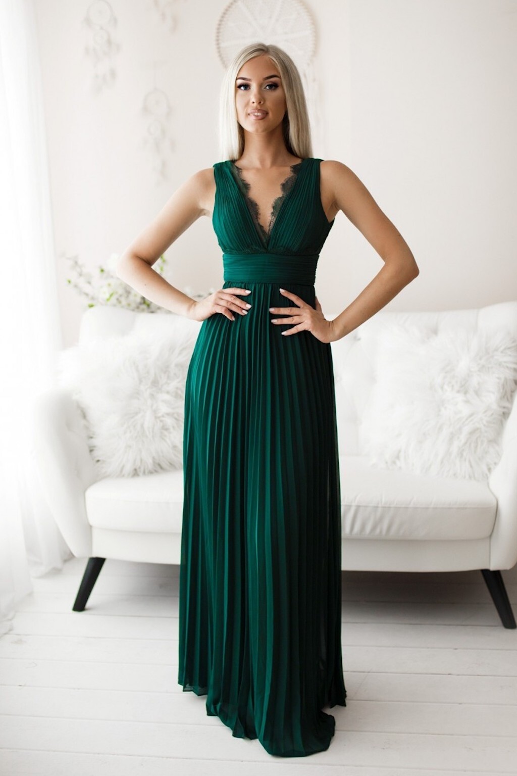 Eva & Lola Smaragdové plisované šaty s jemnou krajkou Veľkosť: L