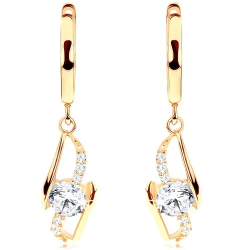 Zlaté náušnice 14K s čírym zirkónom a zvlnenými líniami