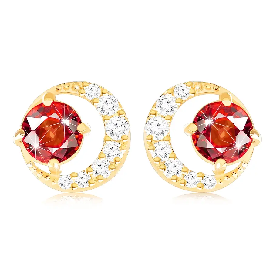 Zlaté náušnice 14K obrys kruhu s granátom a zirkónmi
