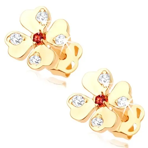 Zlaté náušnice 14K štvorlístok s červeným a čírymi zirkónmi