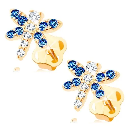 Zlaté náušnice 14K v tvare vážky s modrými a čírymi zirkónmi