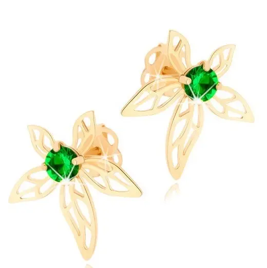 Náušnice zo žltého 14K zlata - kvet zdobený zeleným zirkónom a výrezmi