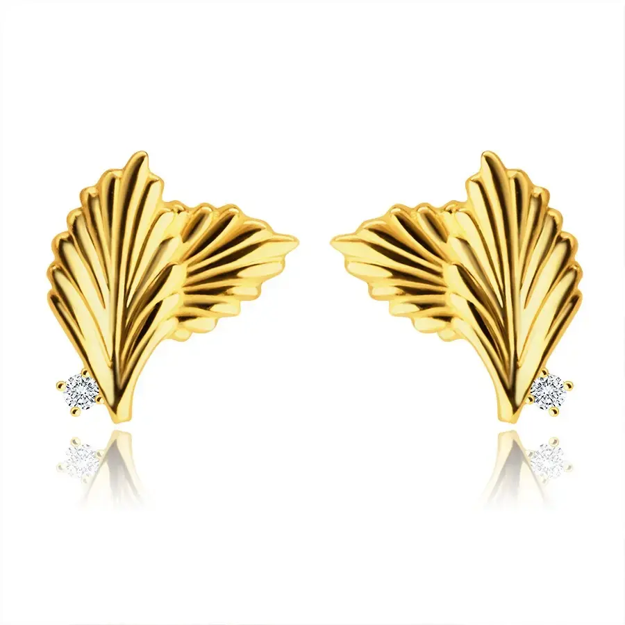 Zlaté 14K náušnice - dva prekrývajúce sa listy, drobný okrúhly zirkónik, puzetky