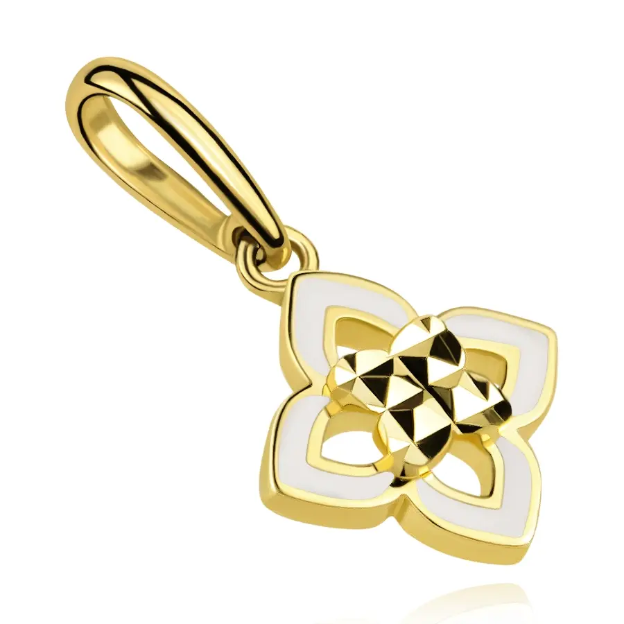 Zlatý prívesok 9K v tvare kvetu s bielou glazúrou a motýľom