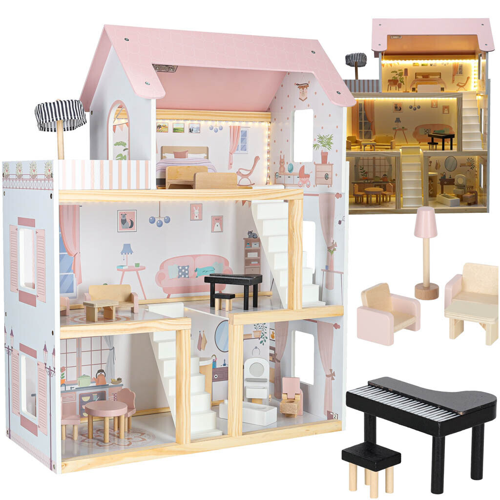 Drevený domček pre bábiky + nábytok - 80cm - ružový