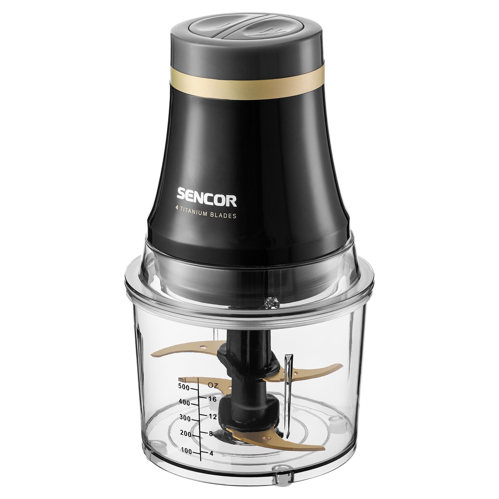 Sencor SCB 4000BK Sekáčik potravín Výkonný 400 W motor pre skvelé výsledky, Plastová nádoba s objemom 1 l a 4 nože s vrstvou zlata a titánu na všetky