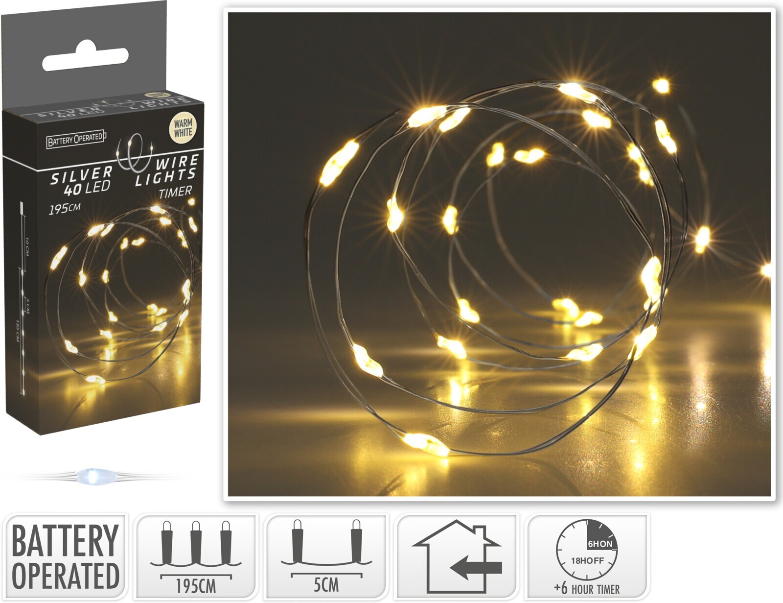 Světelný LED řetěz s časovačem Zayden 195 cm teplý bílý