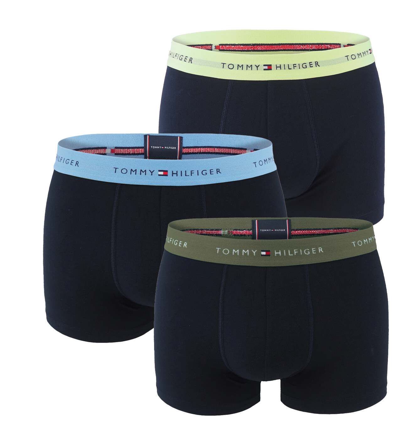 TOMMY HILFIGER - boxerky 3PACK signature cotton essentials dark / blue & lime waist