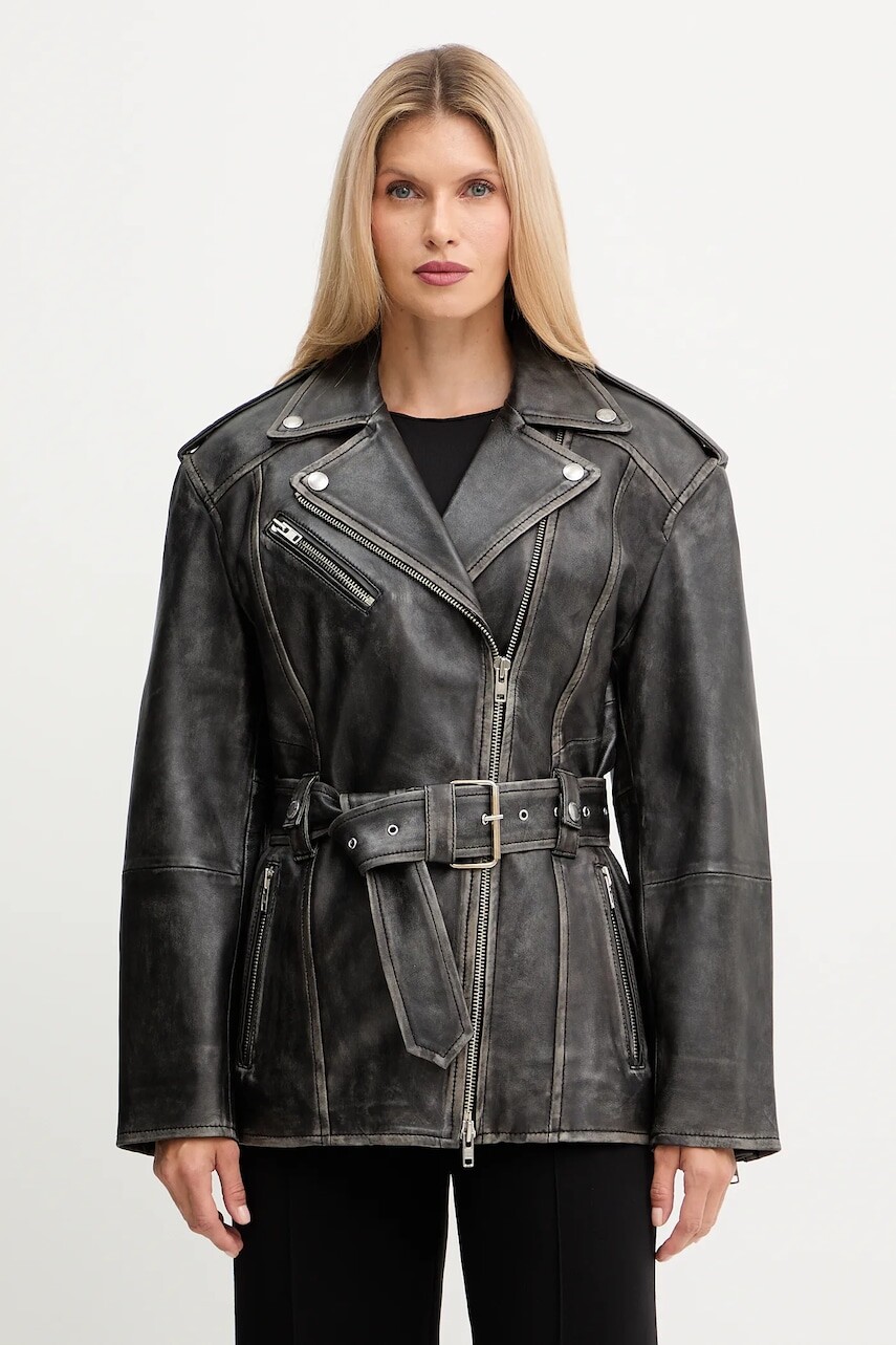 Kožená bunda Stand Studio Leona čierna farba, prechodná, oversize, 66547-7830