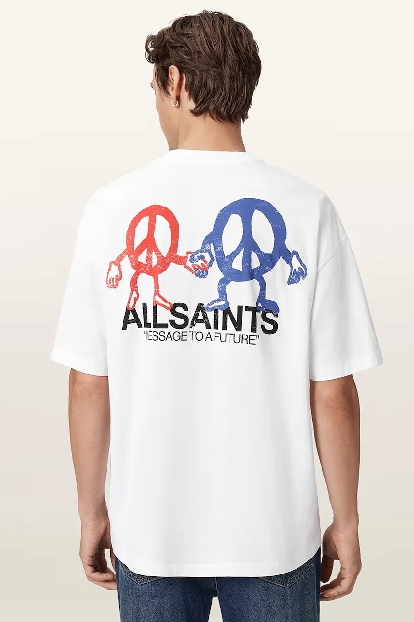 Bavlnené tričko AllSaints BEDFELLOW pánske, biela farba, s potlačou, M001PD