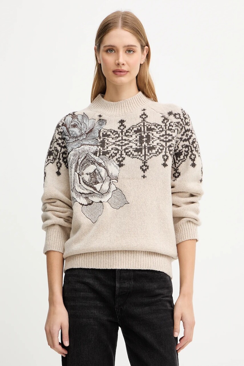 Vlnený sveter Blugirl Blumarine béžová farba, teplé, s polorolákom, RF5161.MS038