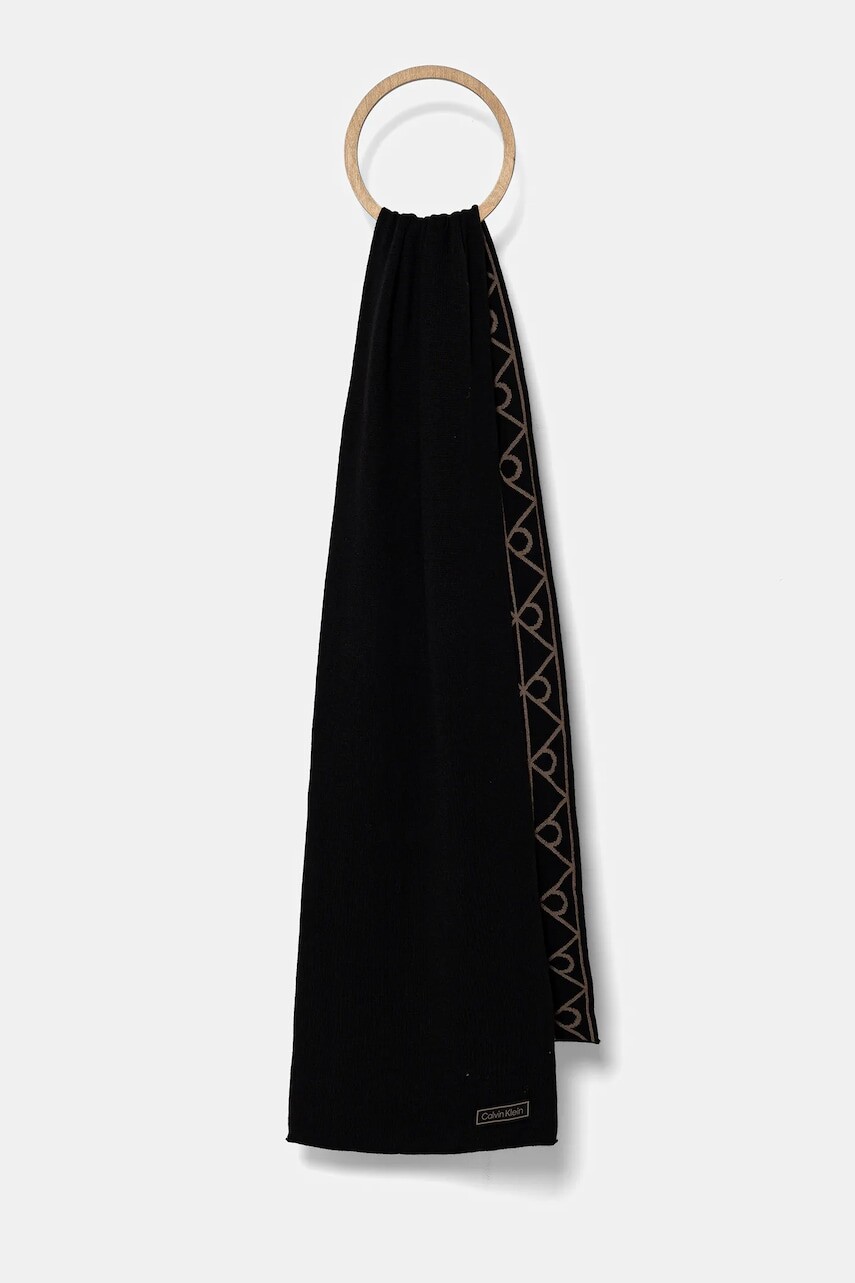 Obojstranná vlnená šatka Calvin Klein čierna farba, vzorovaná, LV04D8059G