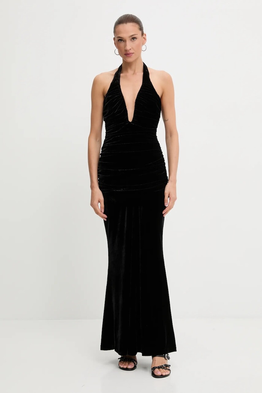 Zamatové šaty Bardot čierna farba, maxi, áčkový strih, 60117DB