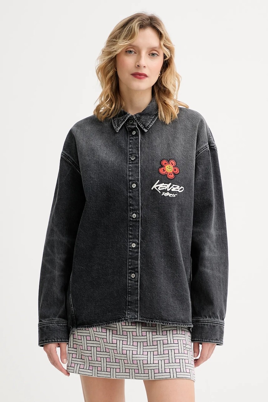 Rifľová košeľa Kenzo šedá farba, voľný strih, s klasickým golierom, FF62DC2506C8