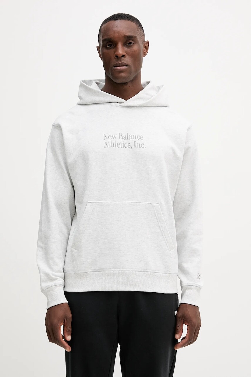 Bavlnená mikina New Balance šedá farba, s kapucňou, melanžová, MT53925AHH